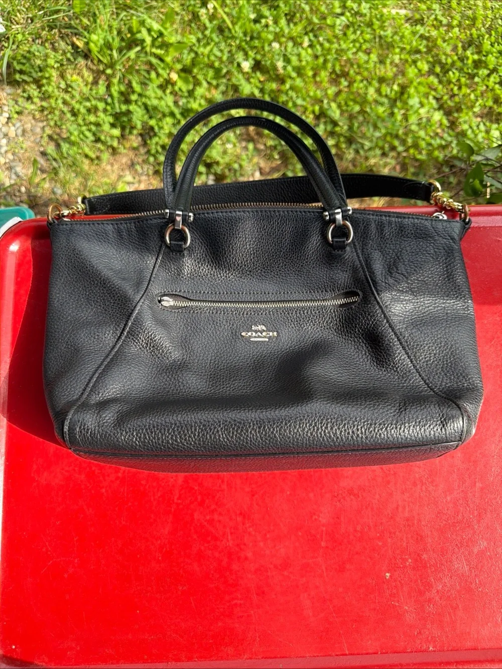 Coach Black Pebbled Leather Tote with Gold-Tone Logo